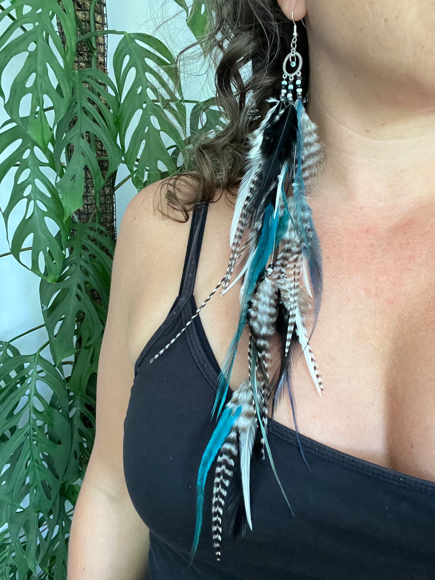 XXXL Single Feather Earring BlueBlack